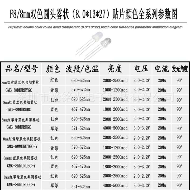 现货供应 F8/8mm红黄绿双色共阳 雾状LED发光二极管 双色直插灯珠