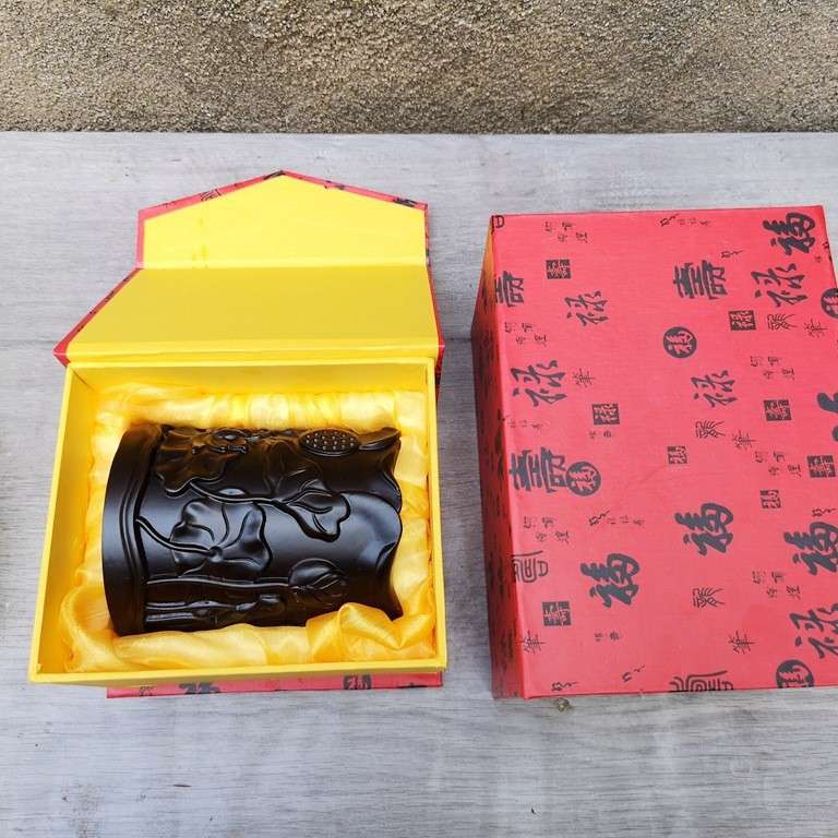 黑檀荷花木雕笔筒创意实用木质笔桶装笔复古桌面摆件LOGO