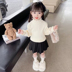 女童秋冬季半高领毛衣2025新款宝宝白色针织衫儿童套头打底衫女孩