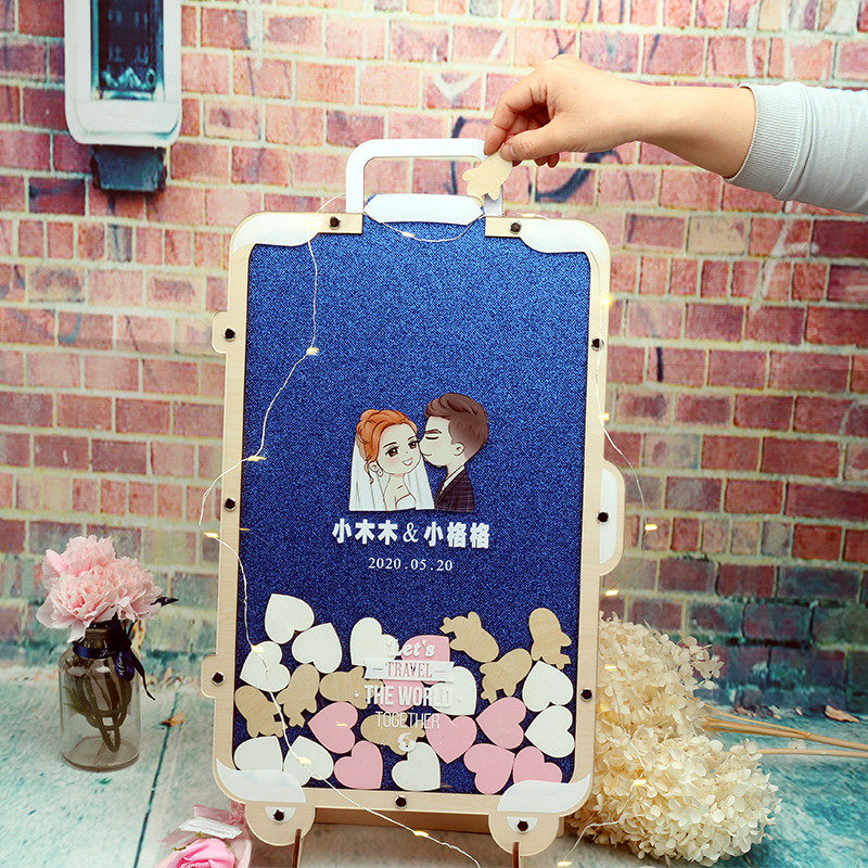 旅行箱旅行婚礼纪念蜜月礼物创意木片签字摆台定制签到本签名簿板