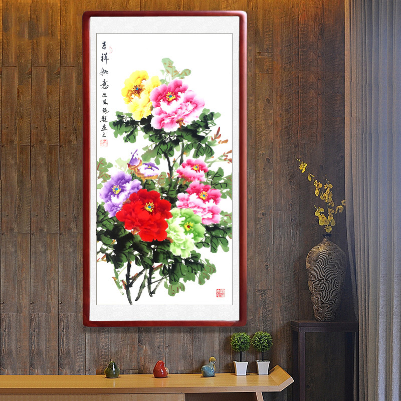 纯手绘国画洛阳牡丹画花开富贵卷轴挂画客厅玄关装饰竖版有框字画