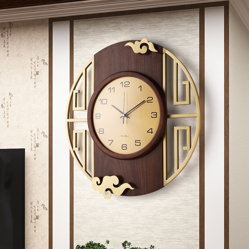 新中式胡桃木挂钟 黄铜边框扫秒机芯实木高级客厅墙上时钟