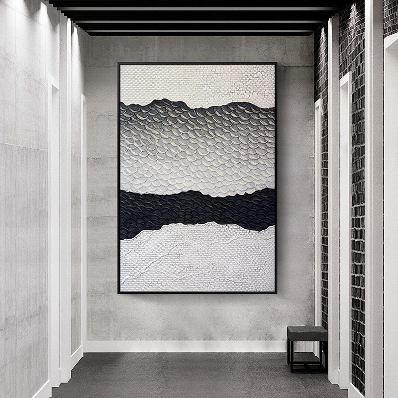 大厅背景画楼梯装饰画挂画走廊玄关壁画复式楼竖版黑色鳞片抽象画