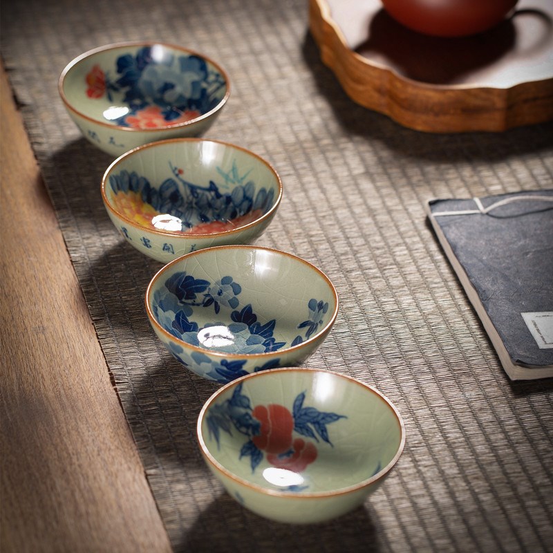 景德镇主人杯单杯 手绘牡丹柿子釉下五彩小号茶杯 内画青花普洱杯