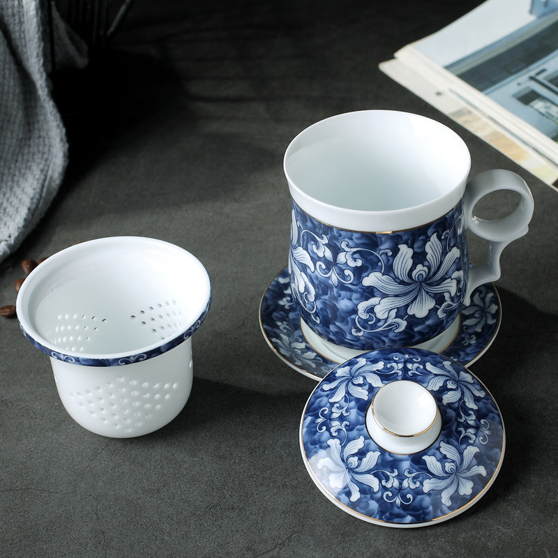 青花描金景德镇茶具茶杯陶瓷带盖过滤泡茶四件套家用办公礼品杯子