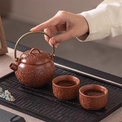 精雕紫砂提梁壶家用泡茶单壶复古功夫茶具一壶二杯浮雕百福紫砂壶