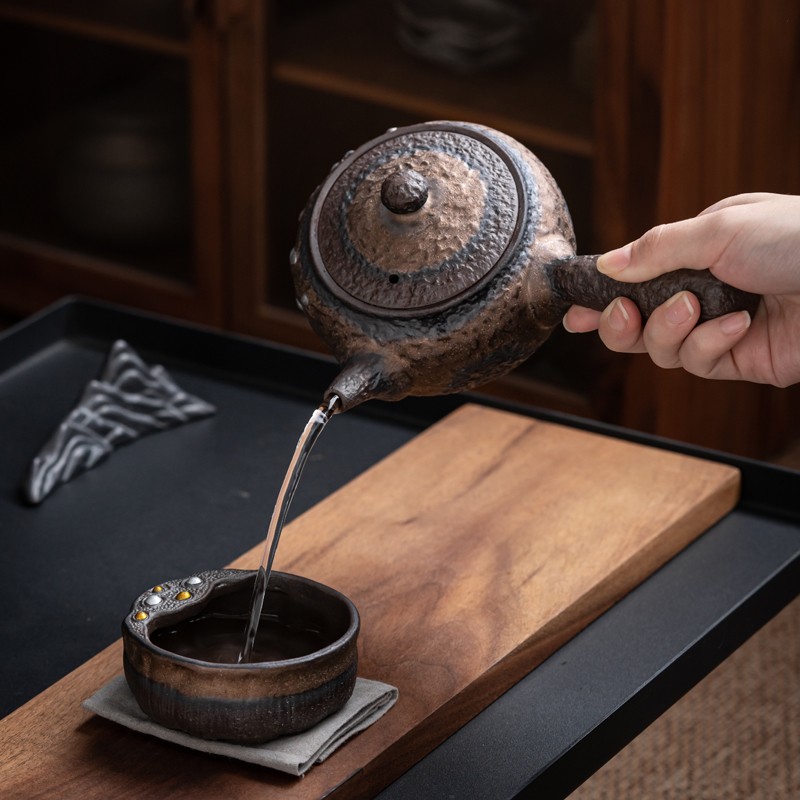 粗陶鎏金侧把茶壶单壶梅花日式复古功夫茶具纯手工陶瓷温茶炉套装