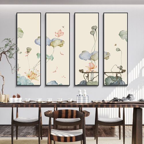 玄关禅意墙画竖新中式沙发背景墙四联挂画客厅荷花装饰画茶室壁画