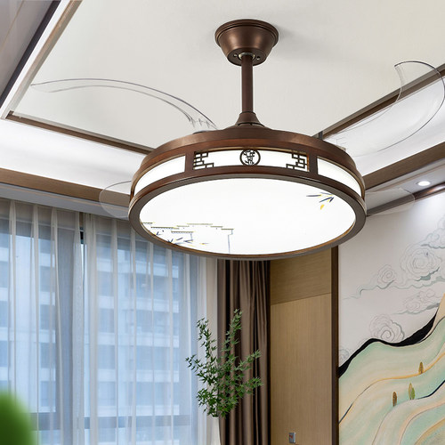 新中式隐形风扇灯实木LED灯具变频吊式带灯胡桃木色客厅餐厅吊灯