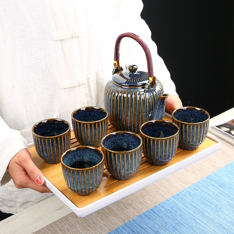 家用功夫茶具小套装简约窑变陶瓷提梁泡茶壶6茶杯花茶绿茶泡茶器