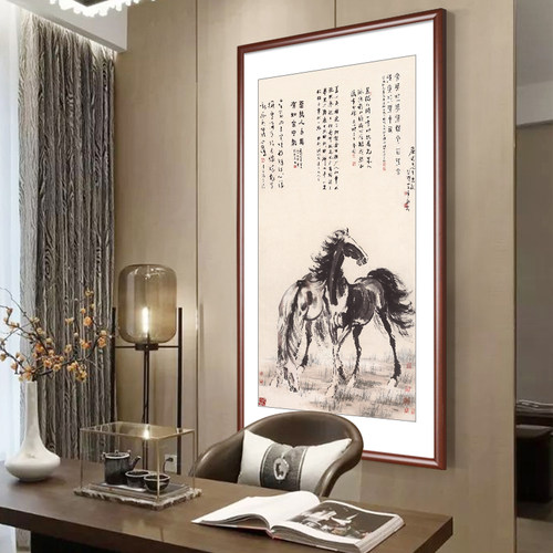 国画山水画玄关装饰画走廊尽头竖版徐悲鸿马到成功新中式客厅挂画