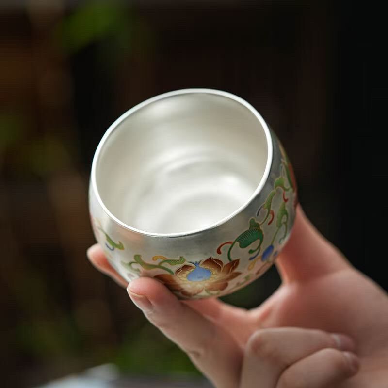 鎏银龙凤茶杯999银茶杯银碗陶瓷主人杯彩绘工艺创意礼品茶具套装