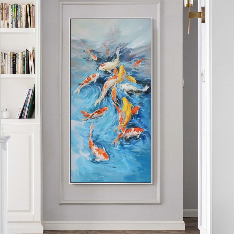 纯手绘玄关装饰画九鱼图走廊竖版过道挂画新中式壁画客厅抽象油画