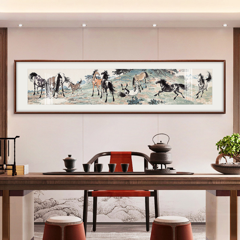 徐悲鸿春山十骏图客厅装饰画新中式书房茶室办公室背景墙实木框画