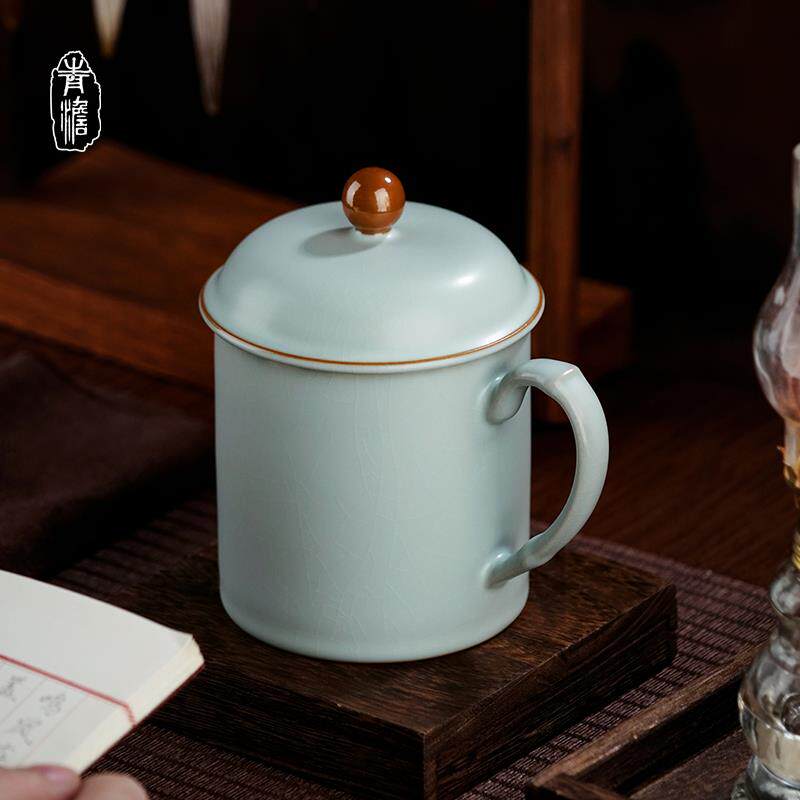汝窑陶瓷杯带盖手工办公杯青瓷景德镇茶杯开片可养中式水杯礼盒装