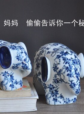 景德镇一对大象青花瓷母子象工艺品装饰家居新房陶瓷摆件北欧中式
