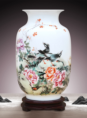 景德镇陶瓷器粉彩花瓶宽口插花摆件中式客厅家居电视柜玄关装饰品