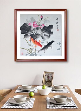 国画纯手工花鸟画精品玄关挂画斗方装饰画餐厅挂画房间书房鱼小鸟