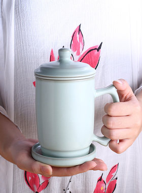 汝窑茶杯带盖过滤个人杯大容量办公室陶瓷杯子泡茶四件套家用茶具