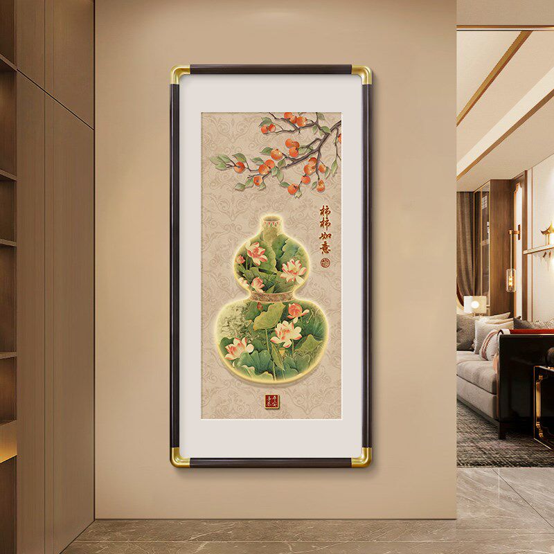 五福临门挂画新中式玄关装饰画入户正对门寓意好葫芦红色招财壁画