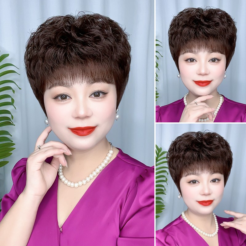 假发女短发真发全真人发中老年女士妈妈款全头套自然卷发真头发套