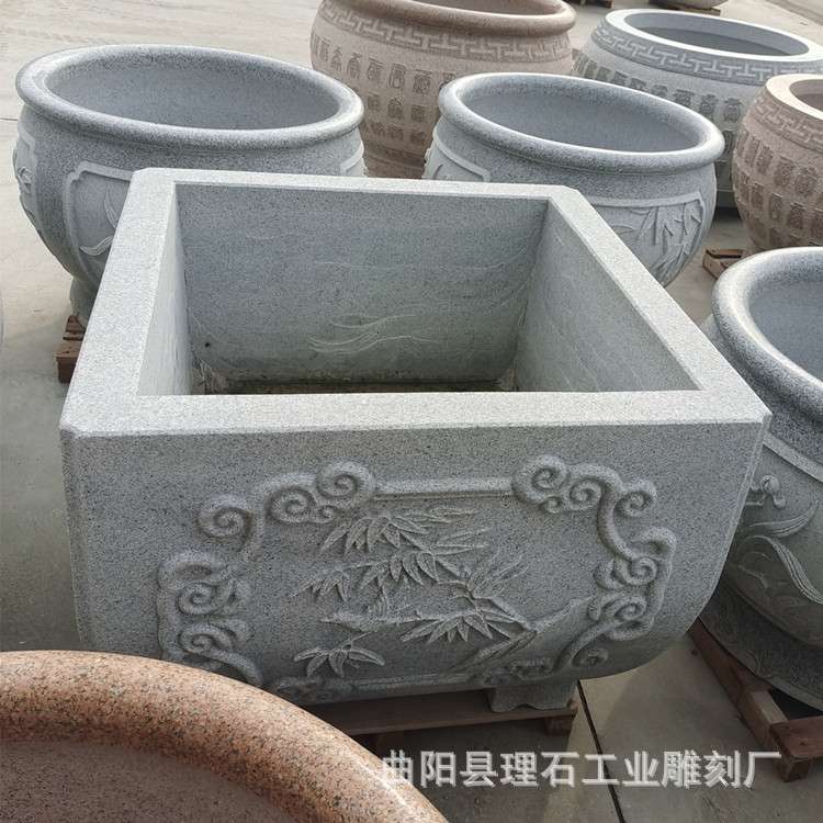 石雕花池整石花箱简约中式花岗岩鱼缸芝麻灰石缸庭院养鱼种花摆件
