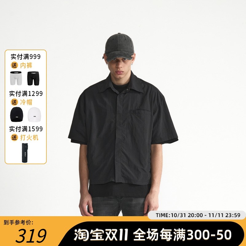 PMW 复古尼龙轻薄透气短袖衬衫男夏季黑色休闲宽松廓形半袖衬衣图片