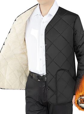 男士加绒棉服秋冬短款保暖内衣中老年加厚棉内胆爸爸装长袖内外穿