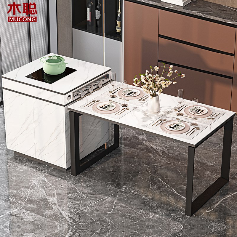 轻奢岩板岛台餐桌一体带储物柜小户型厨房吧台中岛台开放式8E10
