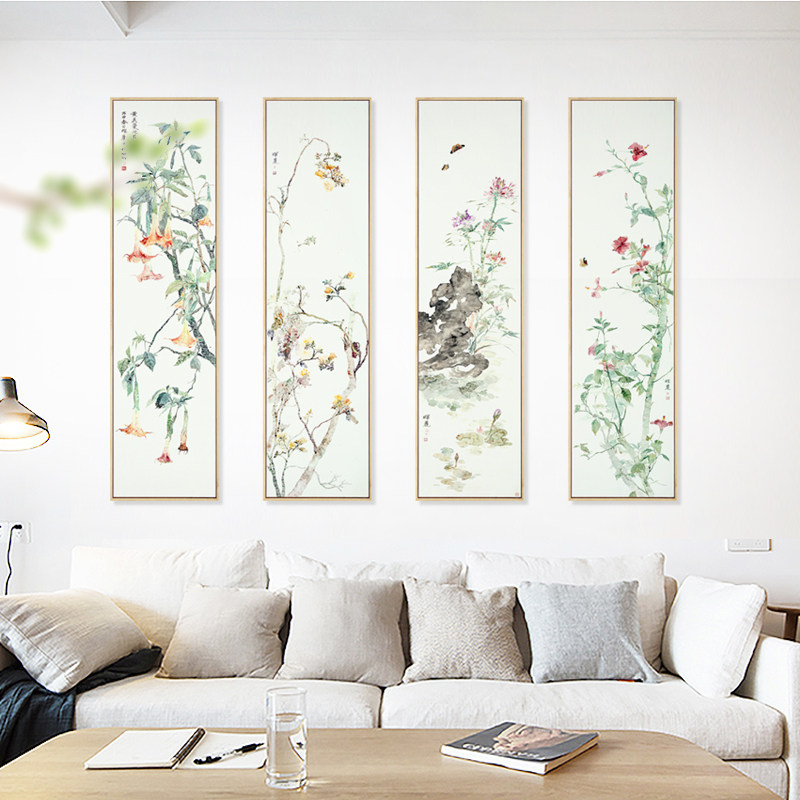 新中式客厅背景墙梅兰竹菊装饰画四条屏花鸟国画茶室书房竖版挂画