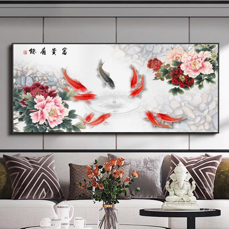 客厅装饰画沙发背景墙壁画中式牡丹花开富贵横版大气山水墙上挂画