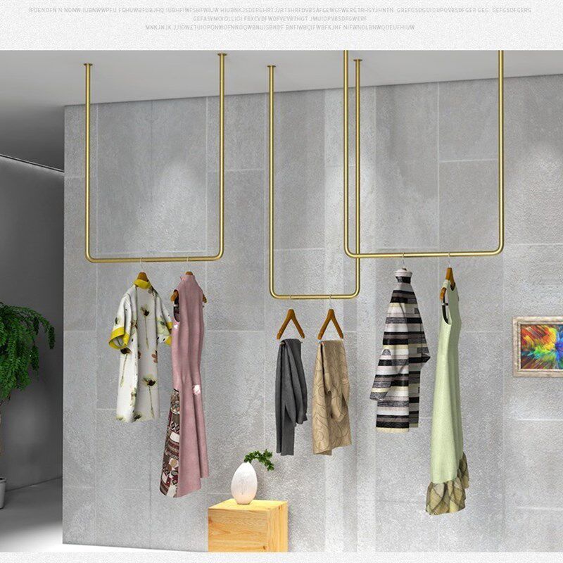 服装店男女 童装婚纱吊顶悬挂衣架上墙U形吊环展示架铁艺正侧挂金