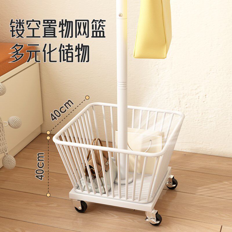 家用衣帽架卧室落地挂衣架子可移动收纳篮脏衣篓床边立式树杈入户