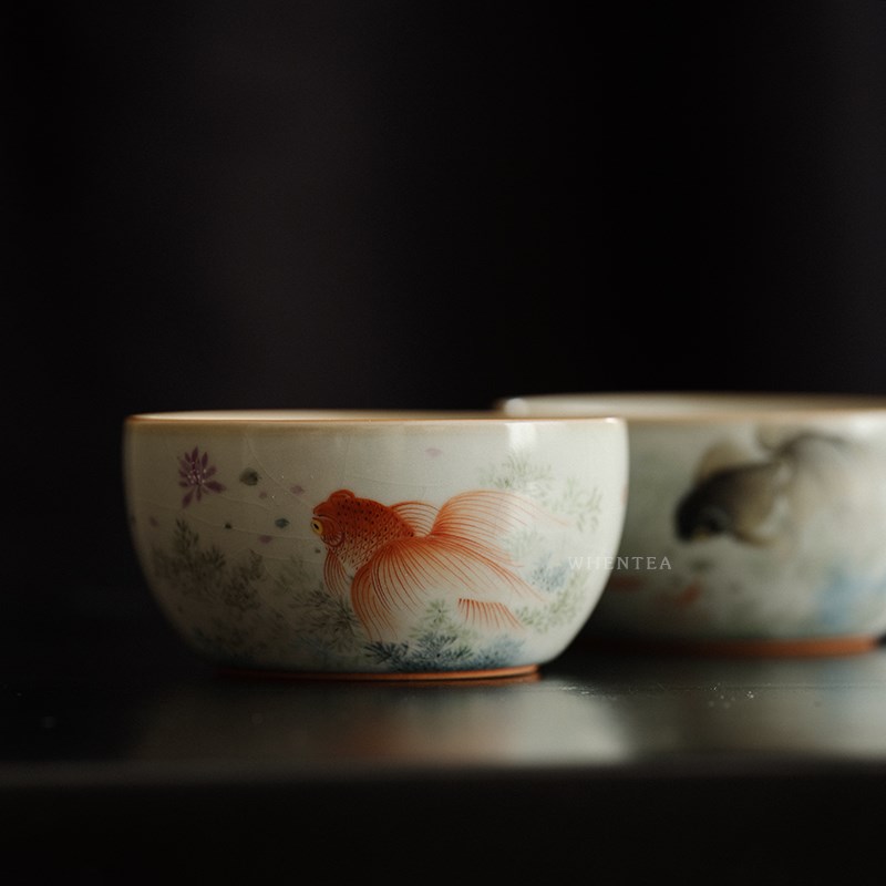闻说景德镇市纯手绘天青汝窑品茗杯《金玉满堂》晓华制