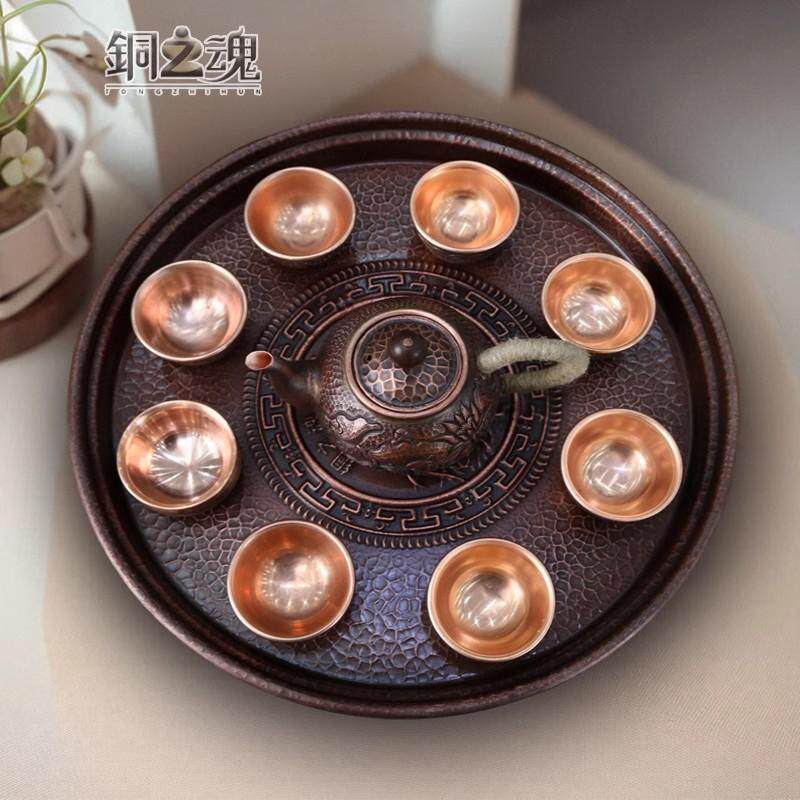 铜之魂茶托茶盘紫铜加厚果盘摆件泡茶壶烧水功夫茶套装家用圆形