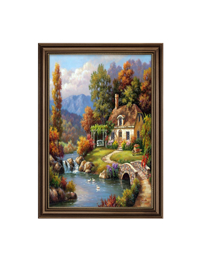 美式山水玄关装饰画走廊挂画欧式油画山水画流水生财风景画高级感