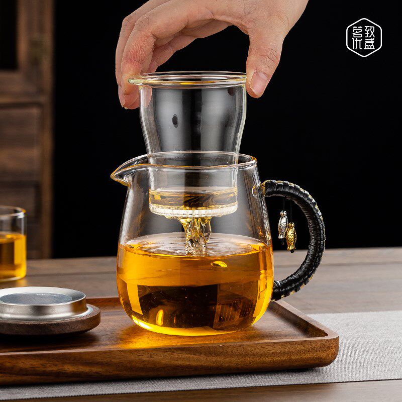 耐热加厚玻璃杯蘑菇杯过滤花茶壶胡桃木泡茶杯办公室小型日式恒温