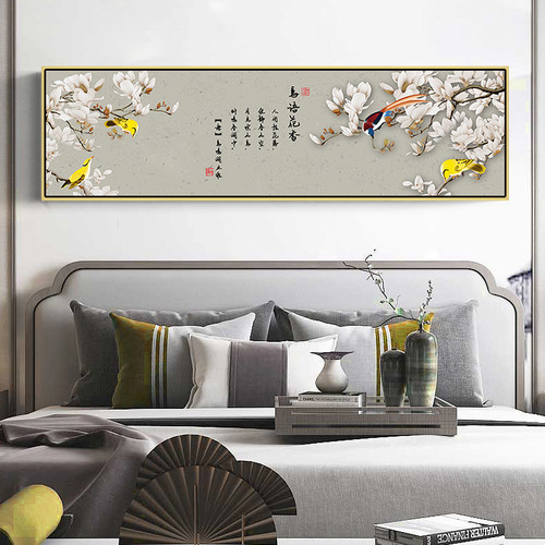 床头装饰画新中式卧室挂画房间壁画花鸟银杏叶大气横沙发墙画客厅