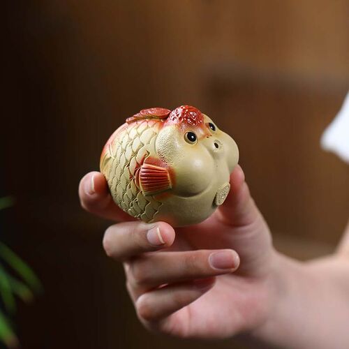 紫砂吐泡泡金鱼茶宠摆件大小号鸿运当头招财香插茶玩茶道配件可养