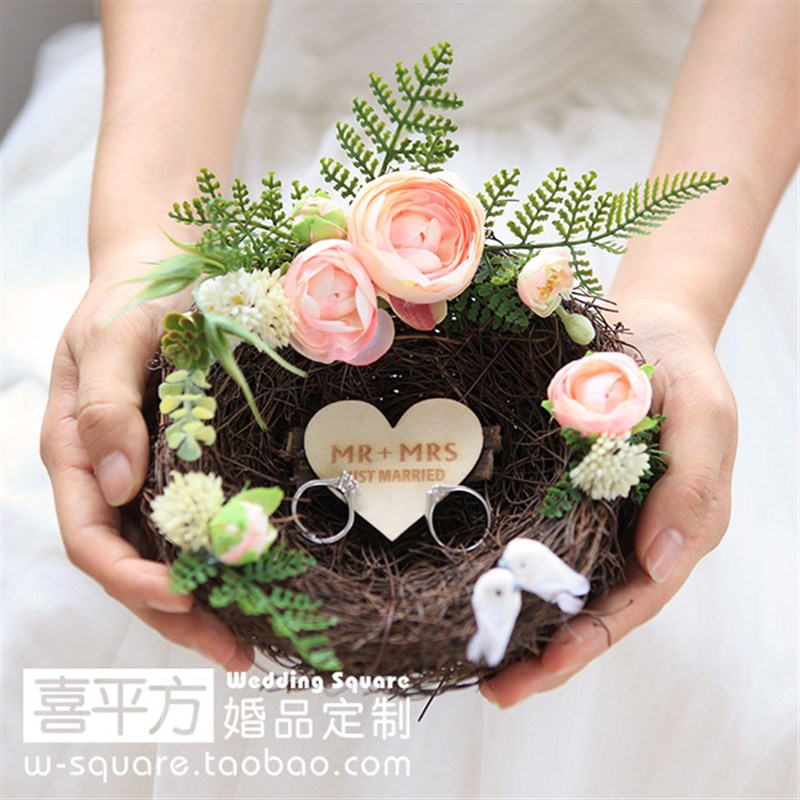 喜平方韩式求婚粉色爱巢戒枕手工森系多肉婚礼网红鸟巢戒托定制