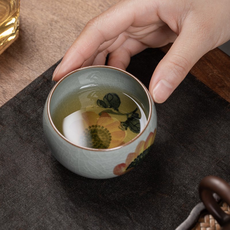 手绘向日葵主人杯开片可养纯手工釉下彩茶杯景德镇陶瓷单杯品茗杯