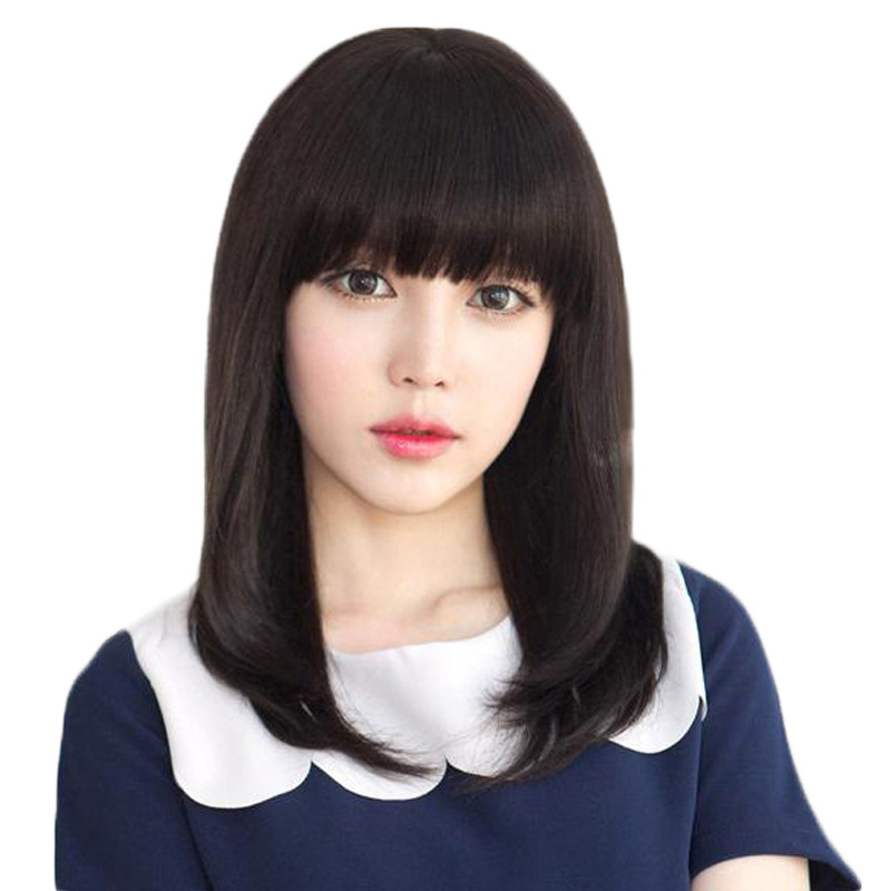 真发假发女齐刘海中长直发 时尚女士自然逼真长发真人发丝假发套