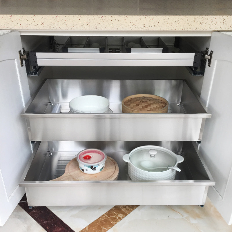 厨房橱柜抽屉式拉篮三层套装厨柜碗碟工具篮平篮单层304不锈钢