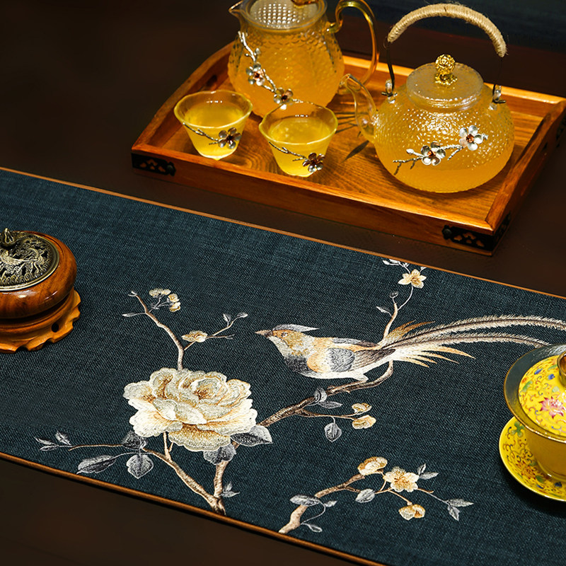 禅意茶席新中式茶桌垫布茶台桌旗布艺长条茶几电视柜旗茶桌布高端