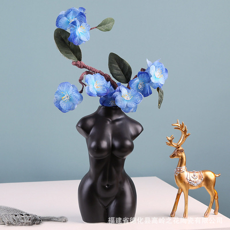 创意欧式黑白色陶瓷花瓶摆件创意人体工艺品家居饰品电视柜摆件