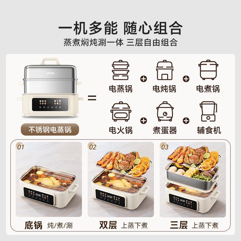 lotor徕多不锈钢电蒸锅家用多功能三层大容量2025新款蒸煮一体锅