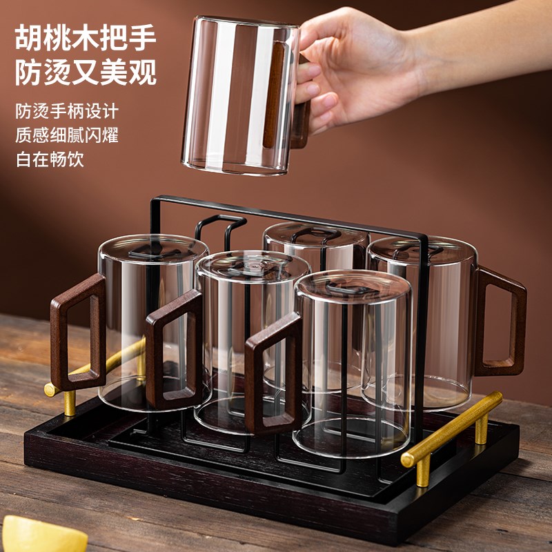 高档中式木柄把手玻璃杯套装家用水杯待客泡茶杯耐高温高硼硅杯子