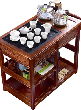 茶桌家用小茶台移动茶车乌金石花梨木沙比利泡茶桌沙发边柜一体