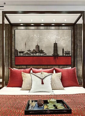 复古新中式书房装饰画简约喜庆寓意红色沙发背景墙挂画卧室床头画