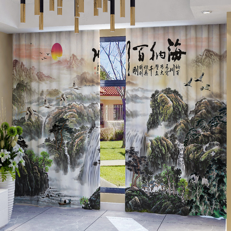 窗帘2025年新款中式搭配客厅古典水墨画山水大气高端纱帘简约背景